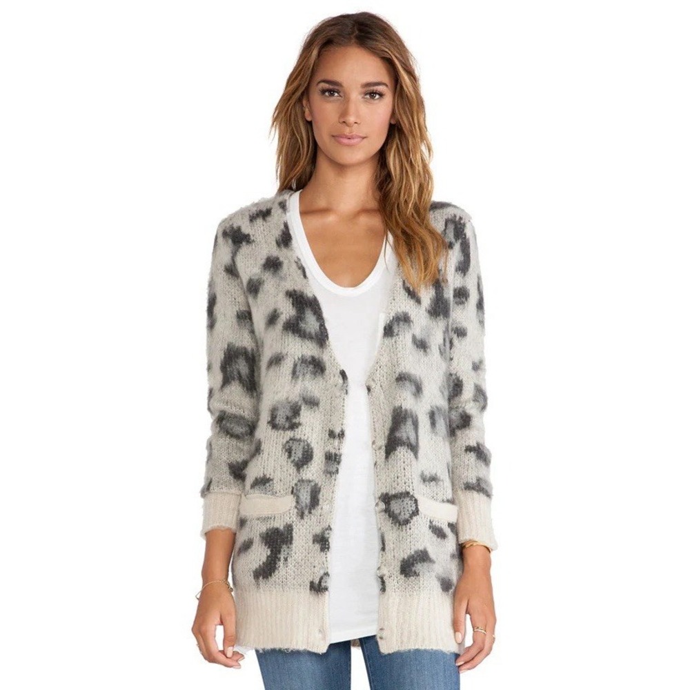 Free People Women's Small Cardigan Out of Africa Snow Leopard Fuzzy Sweater